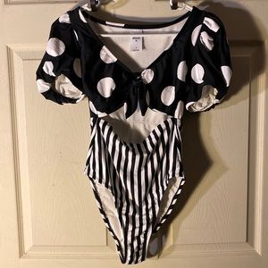 Tabitha Brown Black And White Polka Dot Striped One Piece Bathing Suit